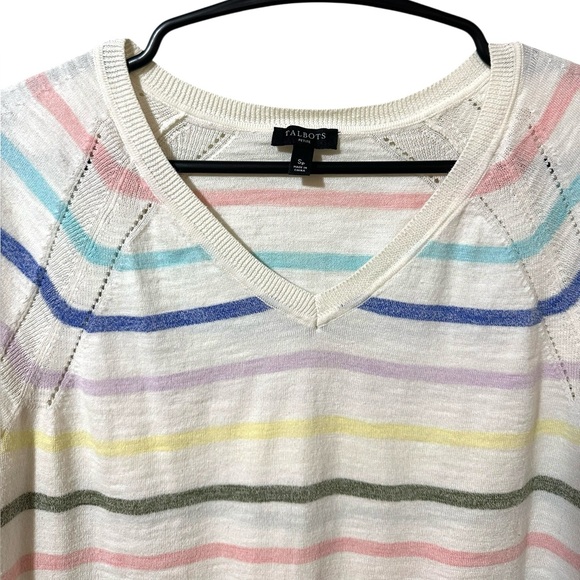 TALBOTS white multi color striped 100% cotton 3/4 sleeve sweater size Small P - Picture 3 of 5